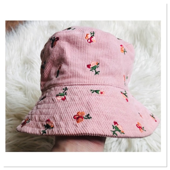 Urban Outfitters Accessories - Urban Outfitters Bucket Hat Pink Corduroy Embroidered Floral One Size